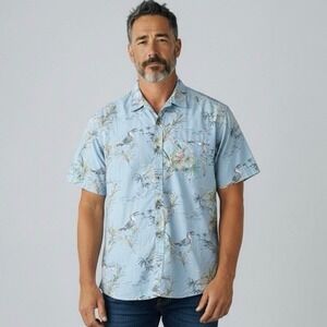 Carbon2Cobalt Light Blue Short Sleeve Hornbill Foliage Aloha Camp Shirt - XL